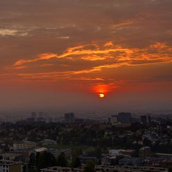 High angle view of cityscape against sky during sunset