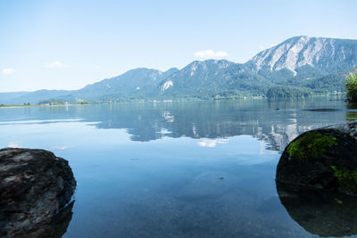 Scenic view of lake and mountains against sky