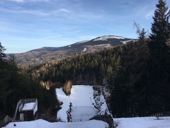 Scenic view of lake by snowcapped mountains against sky