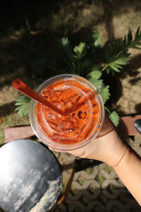 High angle view of person holding drink