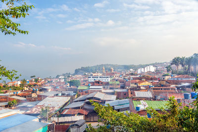 High angle view of cityscape against sky