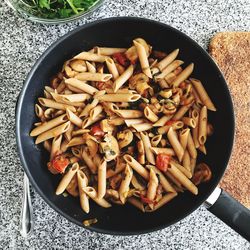 High angle view of pasta in plate