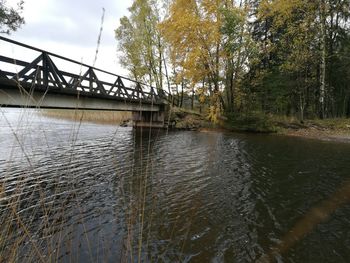 Bridge over river in forest against sky
