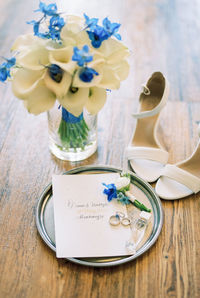 High angle view of flowers on table