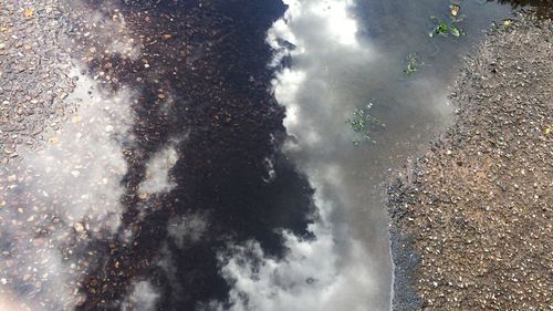 Reflection of cloudy sky in puddle