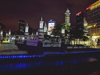 Illuminated buildings in city at night