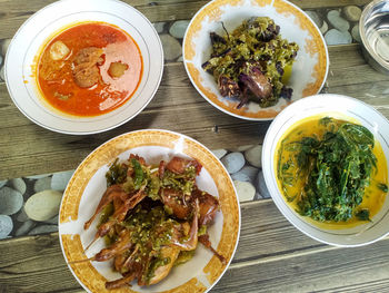 High angle view of soup served on table