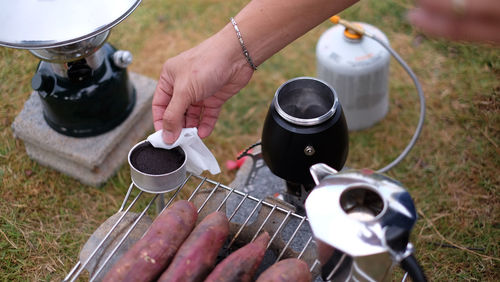 High angle view of people preparing food