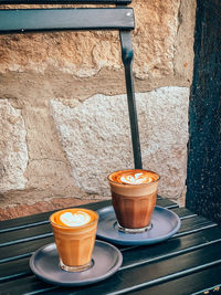 Close-up of coffee cup on table against wall