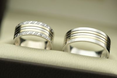 Close-up of wedding rings in box
