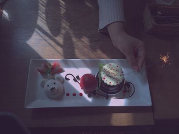 High angle view of dessert on table