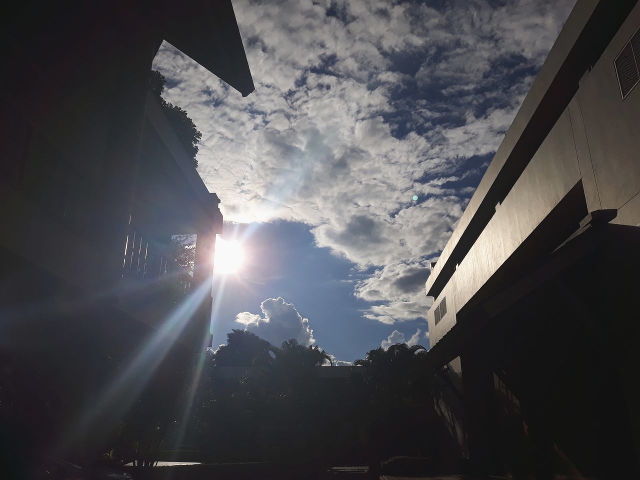 LOW ANGLE VIEW OF SUN STREAMING THROUGH SILHOUETTE BUILDING