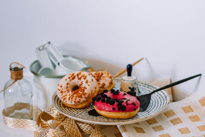 High angle view of breakfast on table