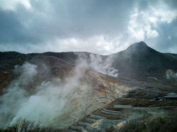 Smoke emitting from volcanic mountain against sky