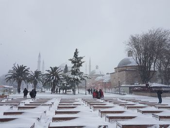 People on snow covered plants against sky