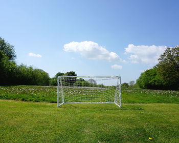 Scenic view of soccer field against sky