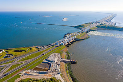 Aerial from sluices at kornwerderzand at the afsluitdijk in the netherlands