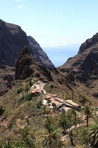 Scenic view of mountains and houses against sky