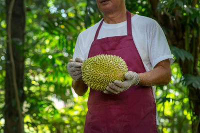 Midsection of man holding umbrella while standing by plant