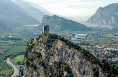 High angle view of buildings and mountains