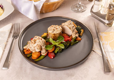 Close-up of food in plate on table