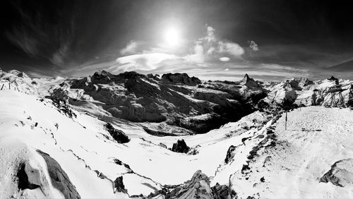 Scenic view of snow covered mountains against sky