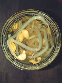 High angle view of pasta in glass jar on table