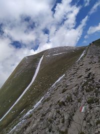 Low angle view of snow covered mountain against sky