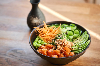 High angle view of food in bowl on table