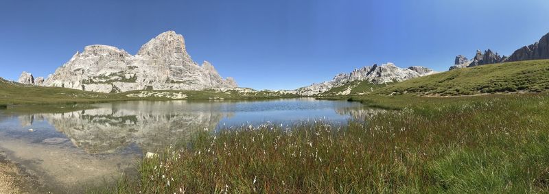 Scenic view of lake against clear blue sky