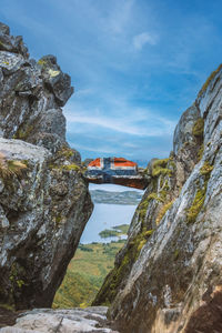 Bridge over mountain against sky