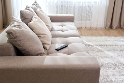 High angle view of sofa at home