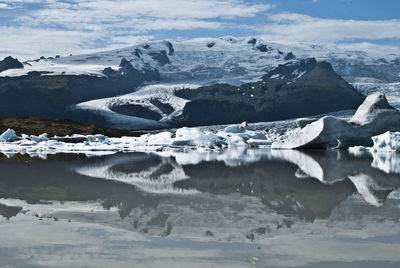 Scenic view of frozen lake against mountain range