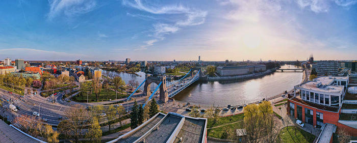 Wroclaw panorama with car bridge over odra river, aerial view