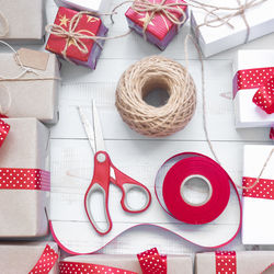 High angle view of christmas decorations on table