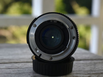 Close-up of camera on table