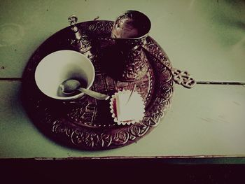 High angle view of dessert in plate on table