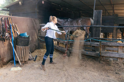 Busy female farmer picking hay with pitchfork while working in stable with horses on ranch in summer