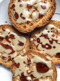 High angle view of cookies in plate on table