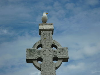 Low angle view of bird perching on cross against sky