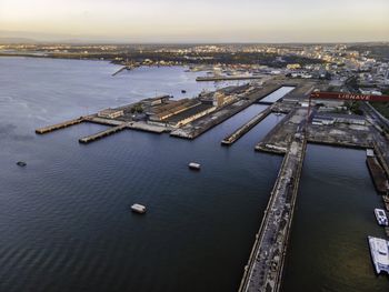 High angle view of commercial dock against sea