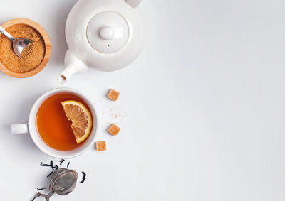 Directly above shot of food on white background
