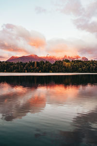 Scenic view of lake against sky at sunset