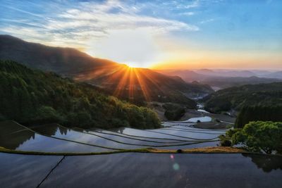 Scenic view of mountains against sky during sunset