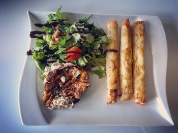 High angle view of food served in plate