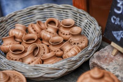 High angle view of candies in basket on table