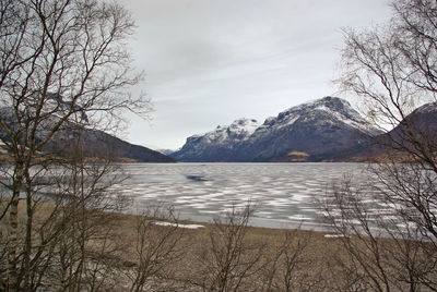 Scenic view of lake and snowcapped mountains against sky