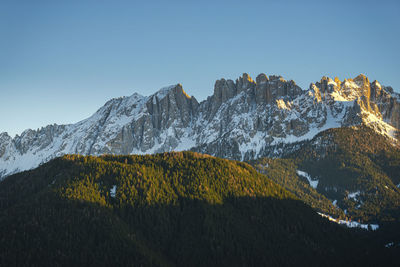 Scenic view of snowcapped mountains against clear sky