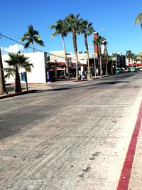 Road by palm trees against clear sky