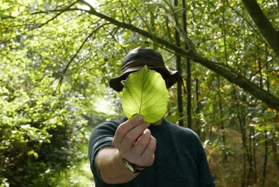 Close-up of man holding tree